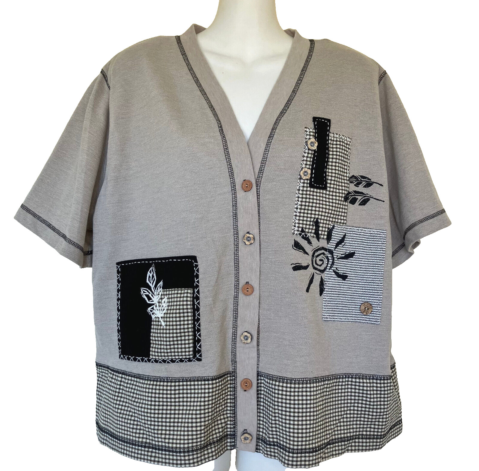 Gingham Patchwork Short Sleeve Button Front Shirt… - image 7