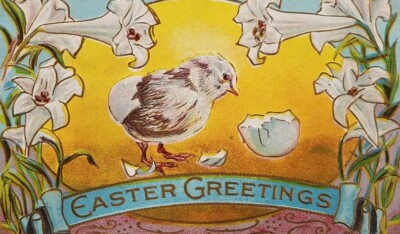 Vintage Postcard Easter greetings chick lilies embossed a2-546