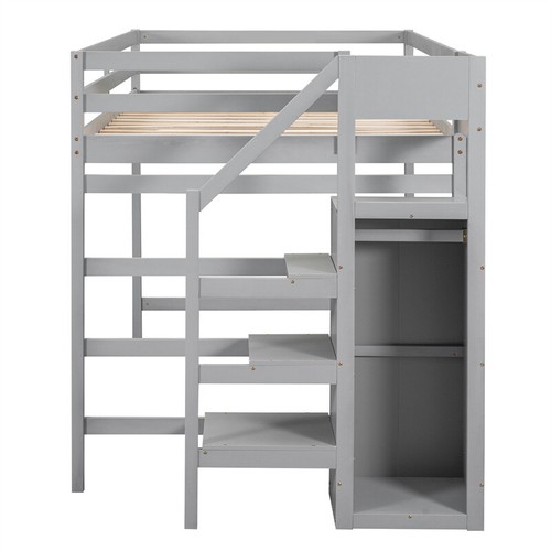 Full Size Loft Bed with Built-in Storage Wardrobe &Staircase for Kids Teens Gray - Picture 7 of 16