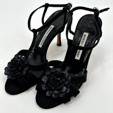 Manolo Blahnik Heel Sandals Womens Size EU 37 Black Rosette Adjustable Straps