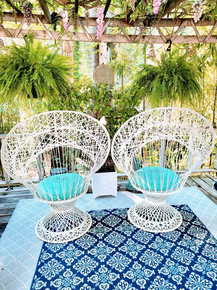  Sillas Russell Woodard hiladas de fibra de vidrio mediados de siglo pavo real Hollywood Regency  Foto 2 de 4