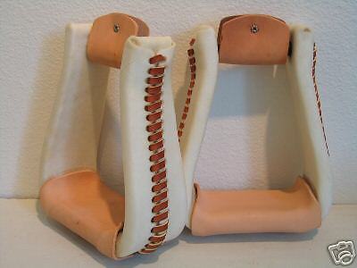 Western saddle stirrups 3" Deep Roper, rawhide/leather MADE IN USA, NEW - Picture 1 of 1