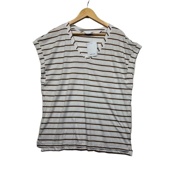 Sussan White Brown Striped Cotton Top Size L Short Sleeve V-Neck Relaxed Tee