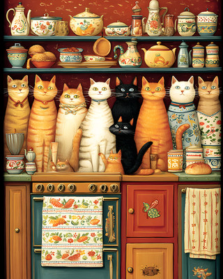 8x10 Cozy Storybook Kitchen with Many Cats Art Print Cottagecore - 517549792