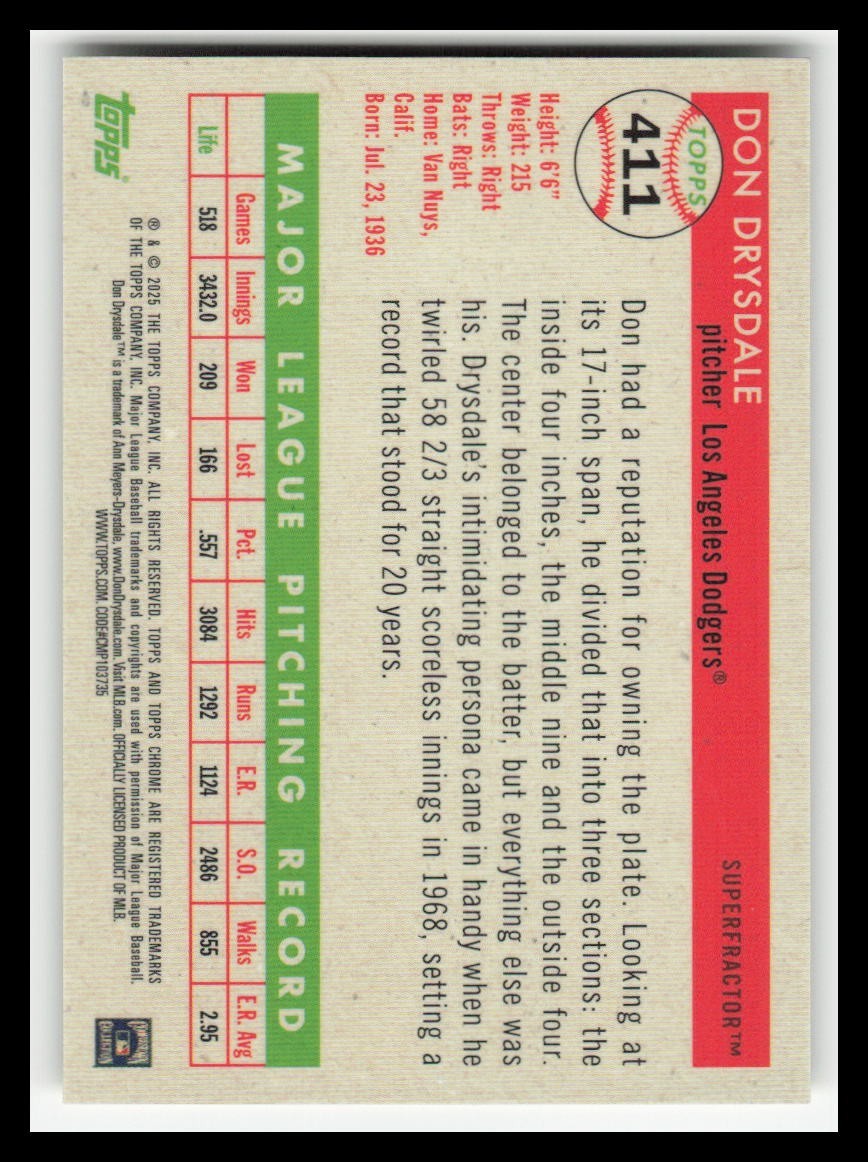 2025 Topps Chrome Platinum Anniversary Superfractors #411 Don Drysdale Ser #1/1 view 2
