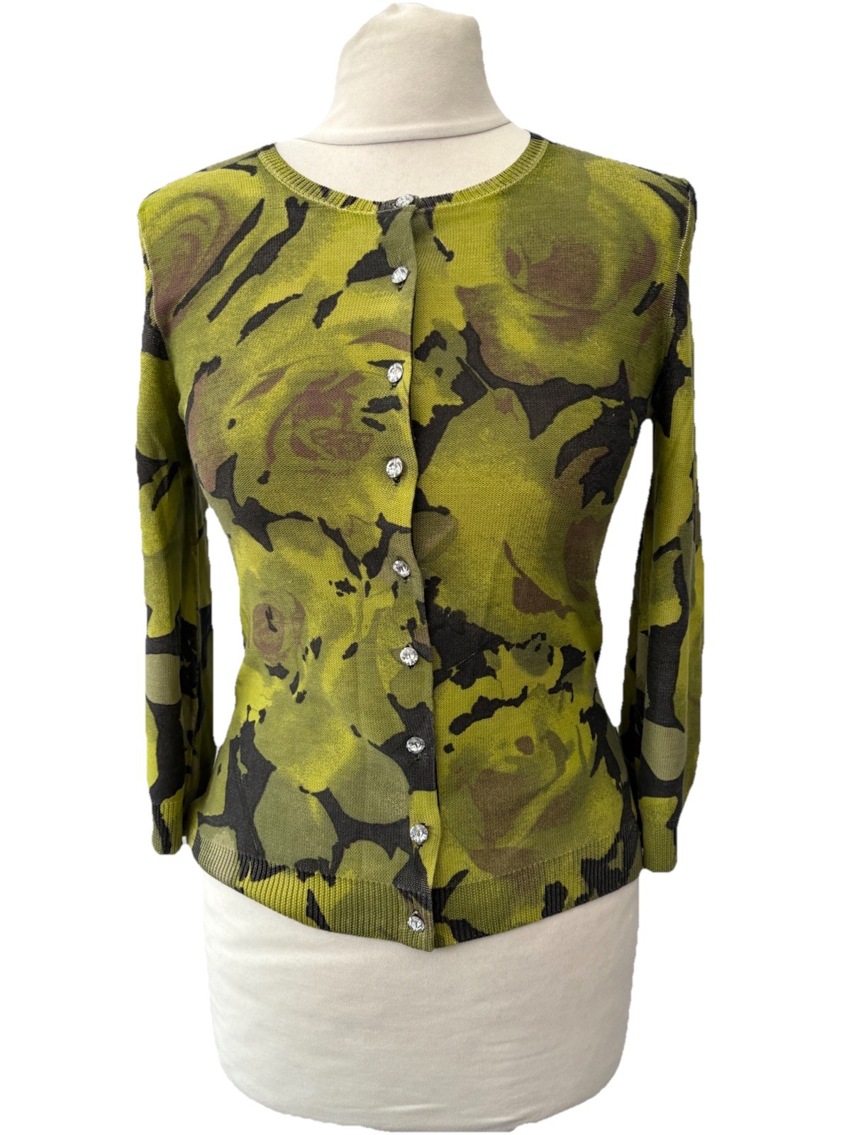 tracy reese Green Floral Cardigan Size S Silk Cotton Blend 3/4 Sleeve Women’s