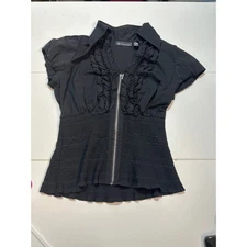 INC International Concepts Black Ruffle Front Short Sleeve Top - Size 12
