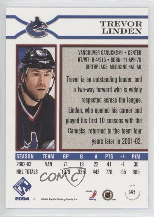 2003-04 Pacific Private Stock Reserve Blue /350 Trevor Linden #98 - Image 2 of 2