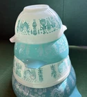 4 PYREX BUTTERPRINT AMISH MIXING NESTING BOWL TURQUOISE & WHITE 441 442 403 444