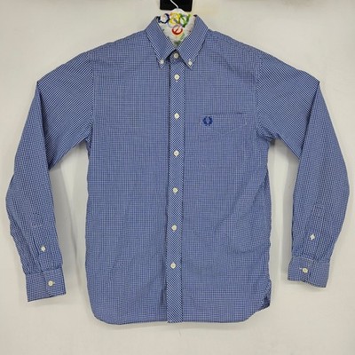 Fred Perry Shirt Mens Small Button Down Blue Check Casual Preppy Long Sleeve