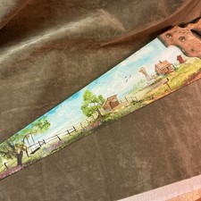folk art hand painted saw signed Lowery country scene cabin outhouse windmill
