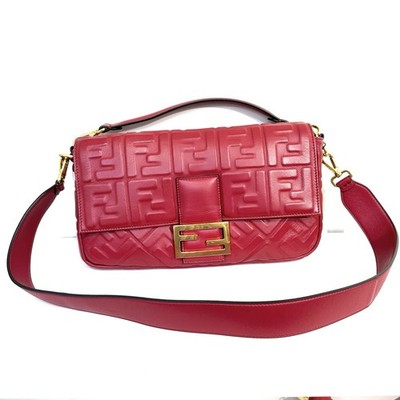Excellent - Large Fendi Zucca Embossed Baguette Red Calf Leather Satchel
