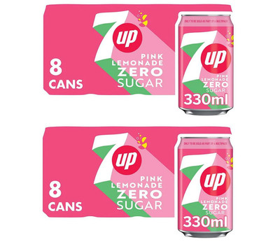 7Up Pink Lemonade Cans Zero Sugar Soda Soft Fizzy Drink 8 x 330ml PACK OF 2
