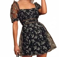  Lulus Radiant Love L Black Floral Embroidered Short Sleeve Whimsy Goth Fairy