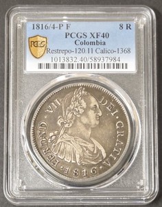 Colombia 8 Reales, 1816/4-P, PCGS XF40