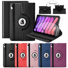 For iPad Mini 6th Case 360 Rotating  eather Stand Cover/Tempered Glass