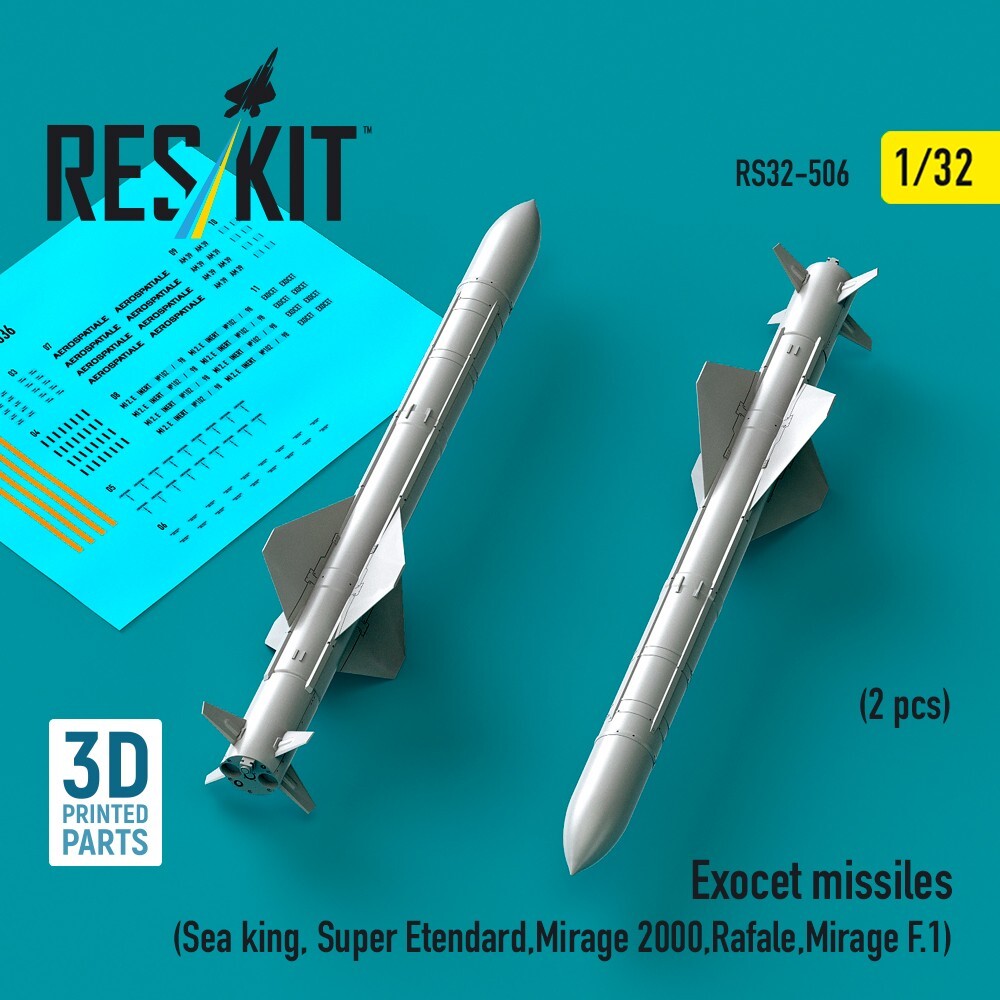 1:32 Exocet Missiles (2) SeaKing/Etendard/Mirage/Rafale 3D Prt ResKit RS32-0506