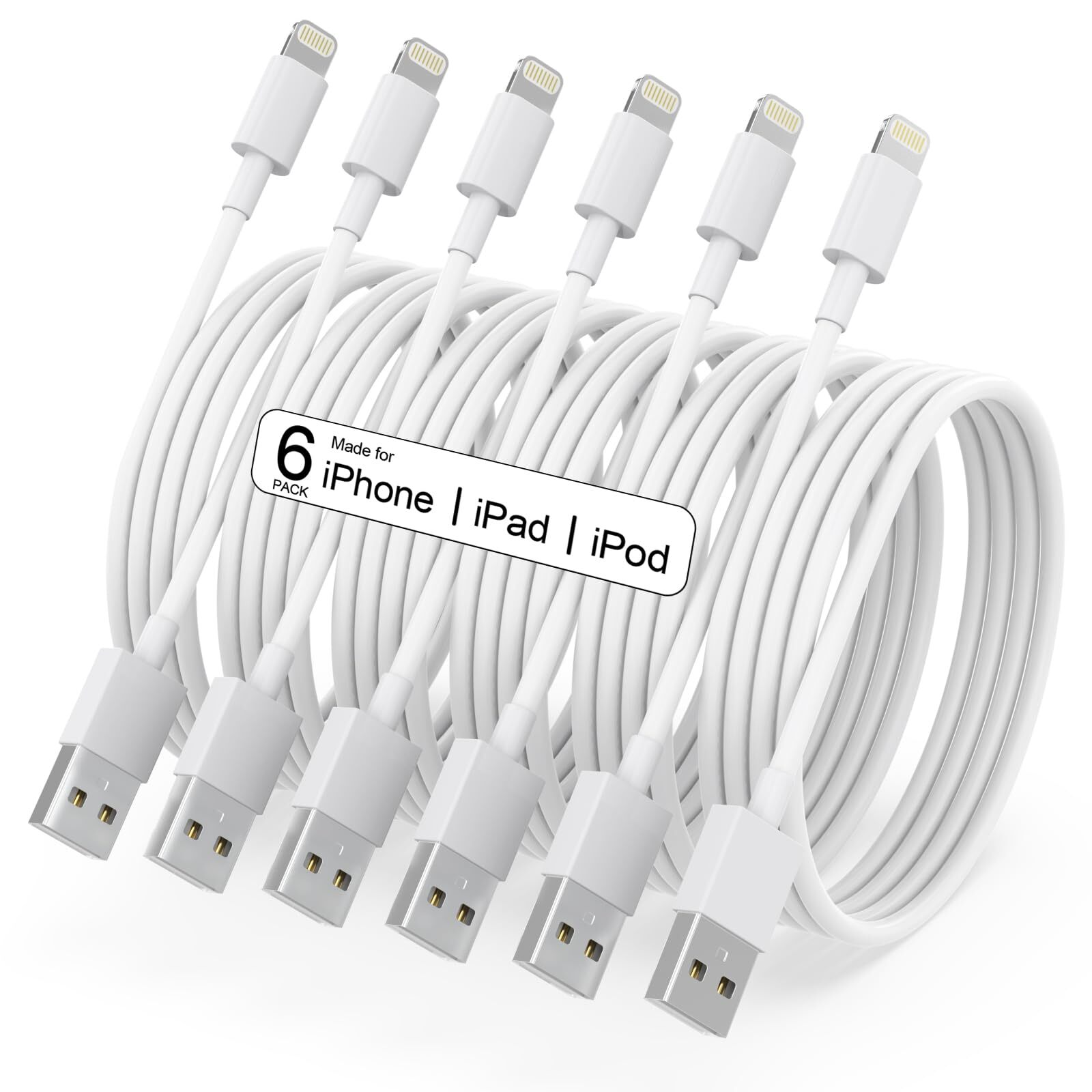Apple MFi Certified iPhone Charger 6-Pack with Multiple Lengths (3/3/6/6/6/10 FT) Lightning Cable for Fast Charging-image