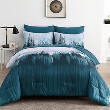 WONGS Queen King Teal Blue Abstract Art Gradient Soft Microfiber Comforter Set