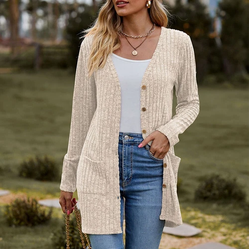 Damen Strickjacke Langarm vorne offen drapiert Pullover Knopfleiste Basic Cardigan - Bild 14 von 32