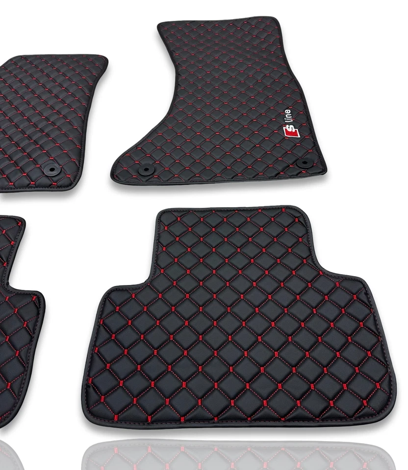 Compatible with Audi Premium Luxury Leather Car Floor Mats Black - Red Stitch - Image 3 of 4
