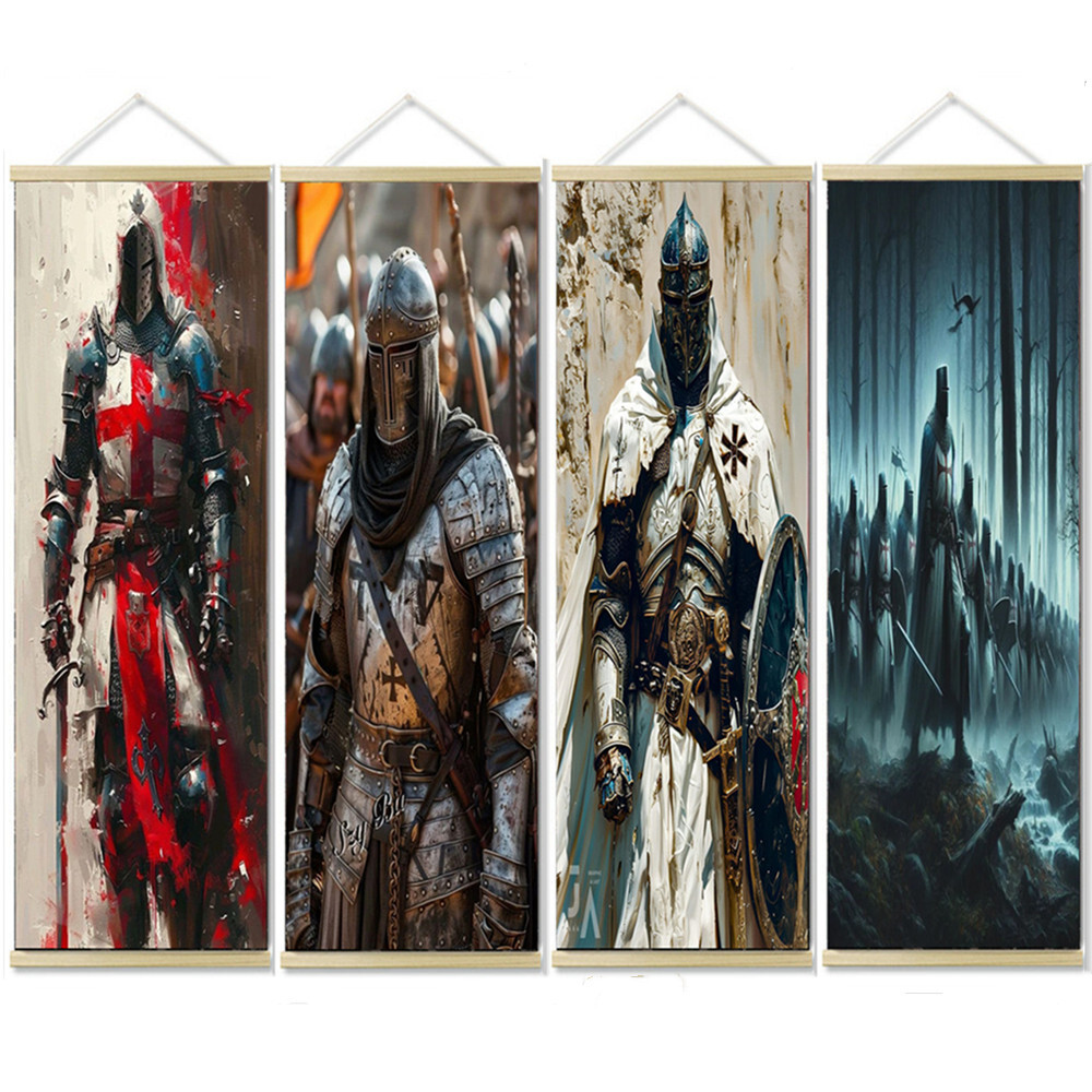 4 PCS Knights Templar Art Poster Wall Hanging Flag Armor Warrior Scroll Painting