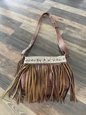 Sts Ranchwear Fringe Purse Brown Pebbled Leather Crossbody Studded