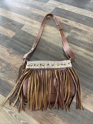 STS Ranchwear Fringe Purse Brown Pebbled Leather Crossbody Studded