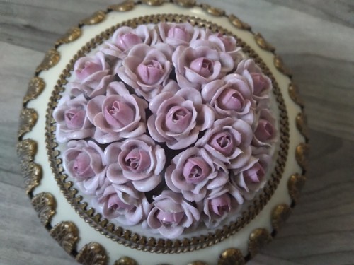 Vintage Porcelain Trinket Box Pink Roses Bronze German Vanity Dresser Elfinware - Picture 17 of 17