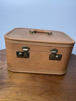 Vintage Brown Leather Look Train Makeup Case Tray Keys Locking Mirror  Suitcase