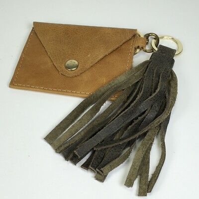 Hand Made Coin Card Pouch With Tassel Key Chain Tan Gray Boho Chic