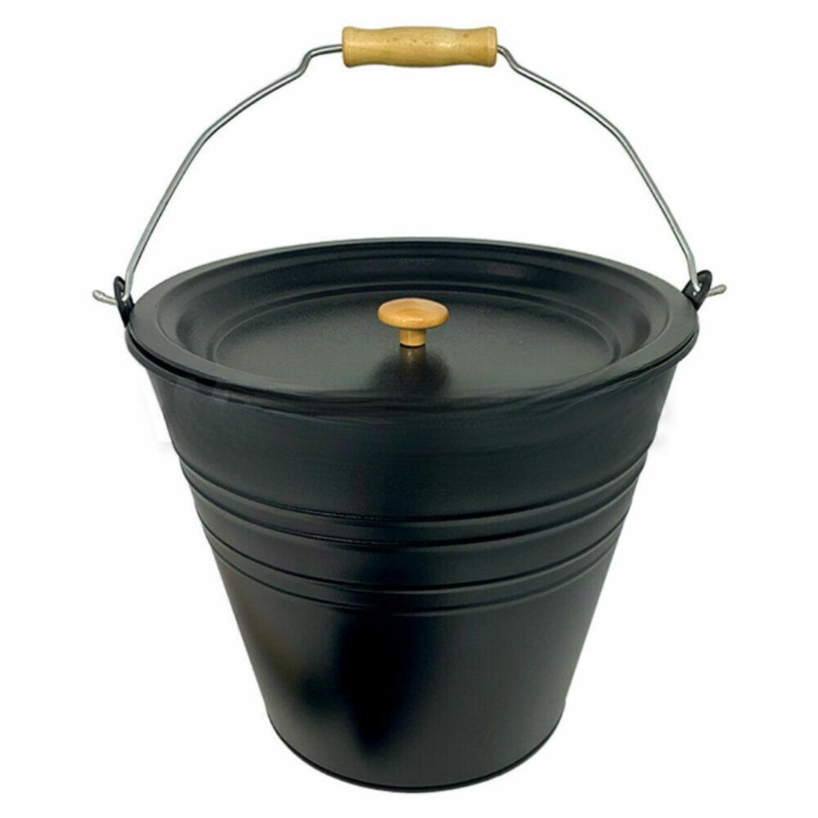 Black Metal Ash Bucket With Lid FirePlace Coal Bin Skuttle Fire Log