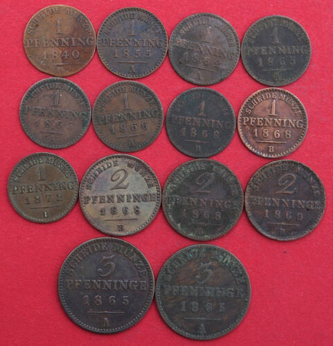 Preußen Lot von 14 Kupfermünzen (1, 2 und 3 Pfennig) 1840-1872 - Zdjęcie 1 z 2