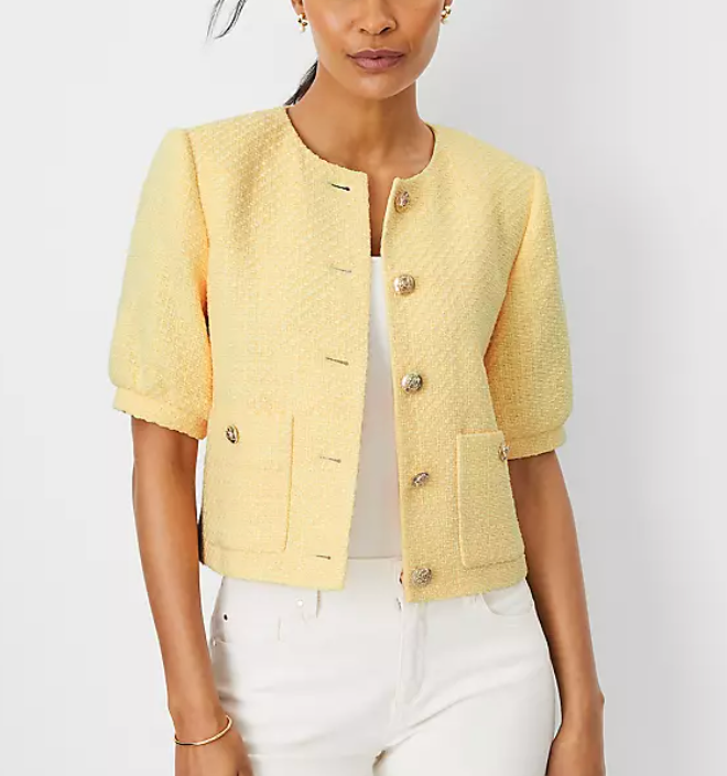 NEW ANN TAYLOR PALE CHAMOMILE YELLOW TWEED PUFF SLEEVE JACKET SZ