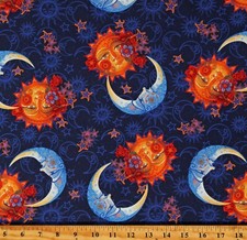 Cotton Celestial Moons Suns Faces Stars Navy ...