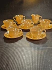 5 Vtg Fire King Peach Lusterware Cups And Saucers With Sugar Bowl And Creamer