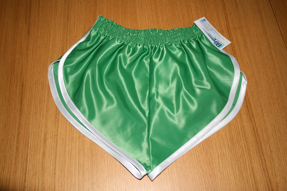 Retro Nylon Satin Sprinter Shorts S to 4XL Green White Trim