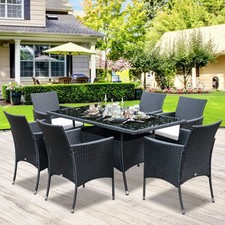 Image of 6 Seater Rattan Dining Set with Cushions Glass Top Table, Garden Furniture Set