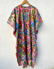 FRIDA KHALO Pink Print Indian 100%Cotton Kaftan Beach Night Gown Maxi Dress