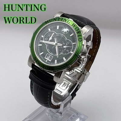 Hunting World HW-913 Chronograph Watch Green Leather Band Used