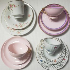 Mismatched Coffee Tea Cups and Saucers w Matching Dessert Plates Lot of 4