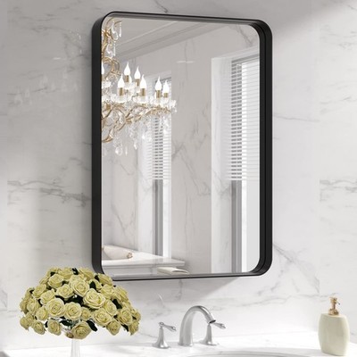 Black Metal Framed Bathroom Mirror for Wall, 22X30 Inch Rounded Rectangle Mir...
