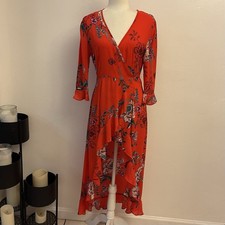 Fashion Nova Women Medium Boho Peasant Red Floral High Low Wrap Dress Coverup