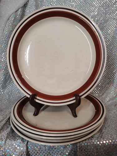 Set of 4 - Contemporary Chateau Stoneware Brown Rim 10 1/2" Dinner Plates Japan