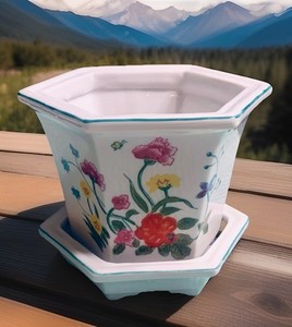 4” Floral Footed Hexagon Planter & Under Tray Plant/Bonsai/Succulent Vintage