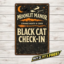 Halloween Inn Sign Black Cat Check-In Vintage Metal Illustration 8x12