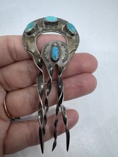2 OLD PAWN BEAUTIFUL VTG NAVAJO STERLING & TURQUOISE HAIR PINS-LARGE & SMALL-NR!