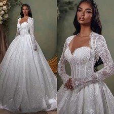 Elegant Pearl Wedding Dress A-line Princess Lace Long Sleeve Bridal Dress