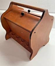 Vintage Wooden Sewing Box Top Doors Thread Shelf Rounded Barrel Footed