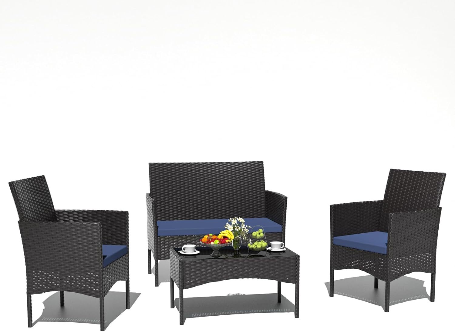 4 Piece Patio Rattan Conversation Set, Outdoor Rattan Chair Wicker Furniture Set